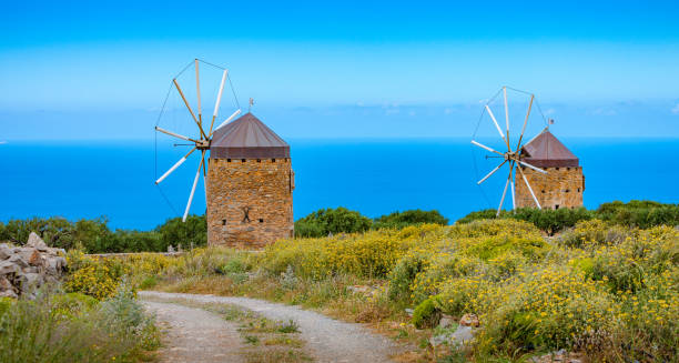 Old windmills in the mountains on the island of Crete, Greece.